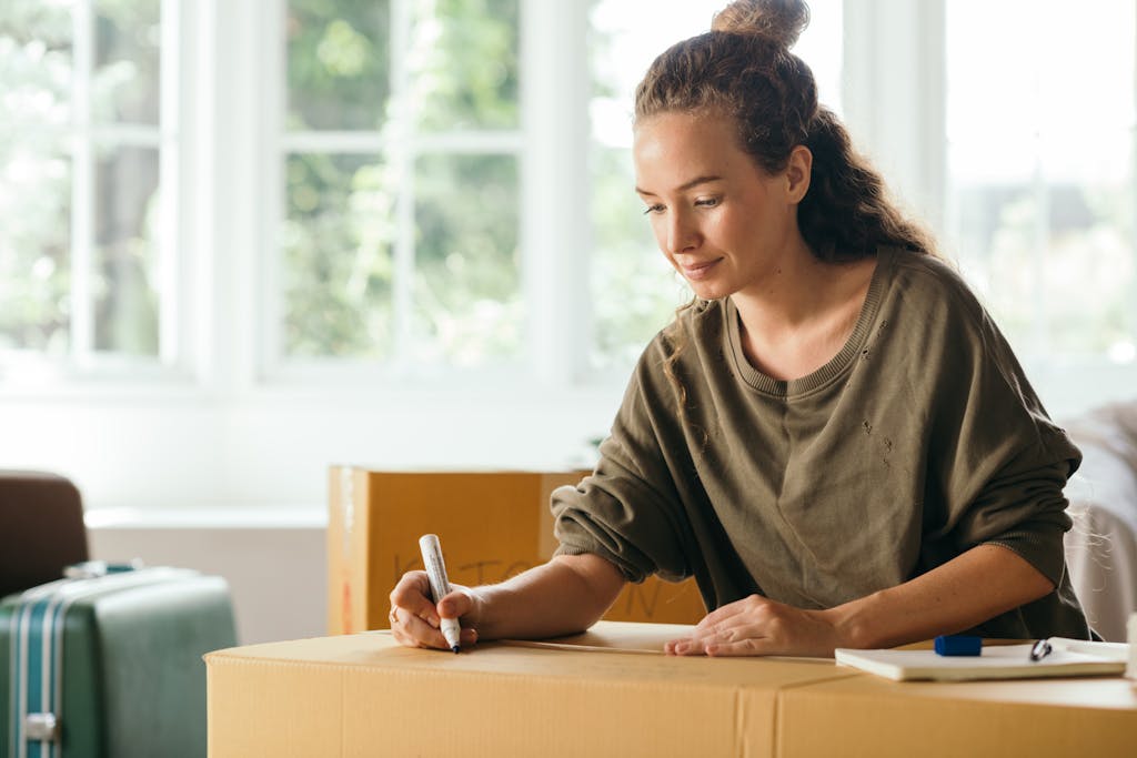 Calm lady sitting on sofa and signing box with belongings in cozy house in sunny day while moving out